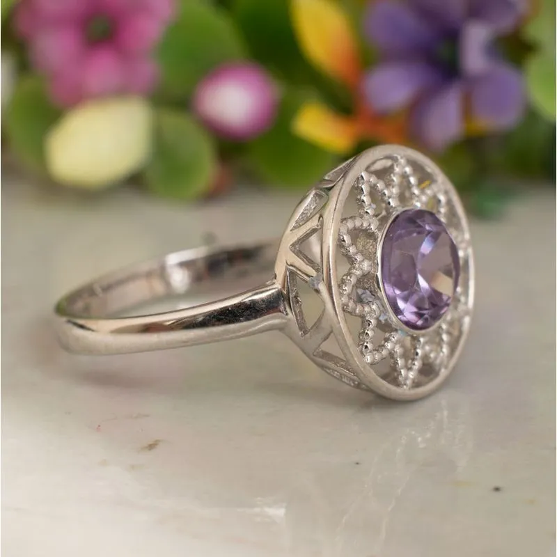 14K White Gold Round Purple Amethyst 6mm Ring