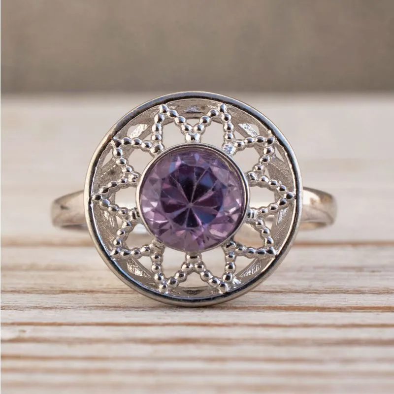 14K White Gold Round Purple Amethyst 6mm Ring