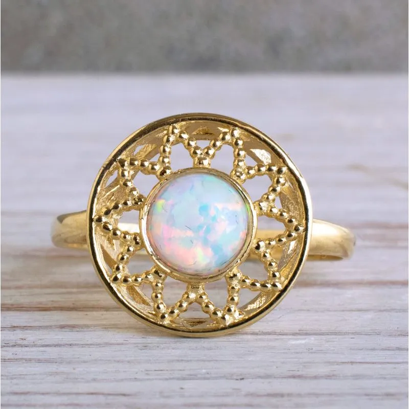 14K Yellow Gold Round White Opal 6mm Ring