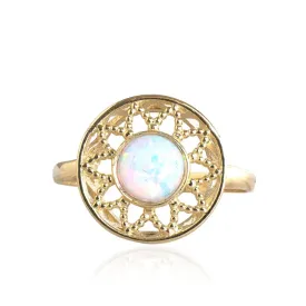 14K Yellow Gold Round White Opal 6mm Ring