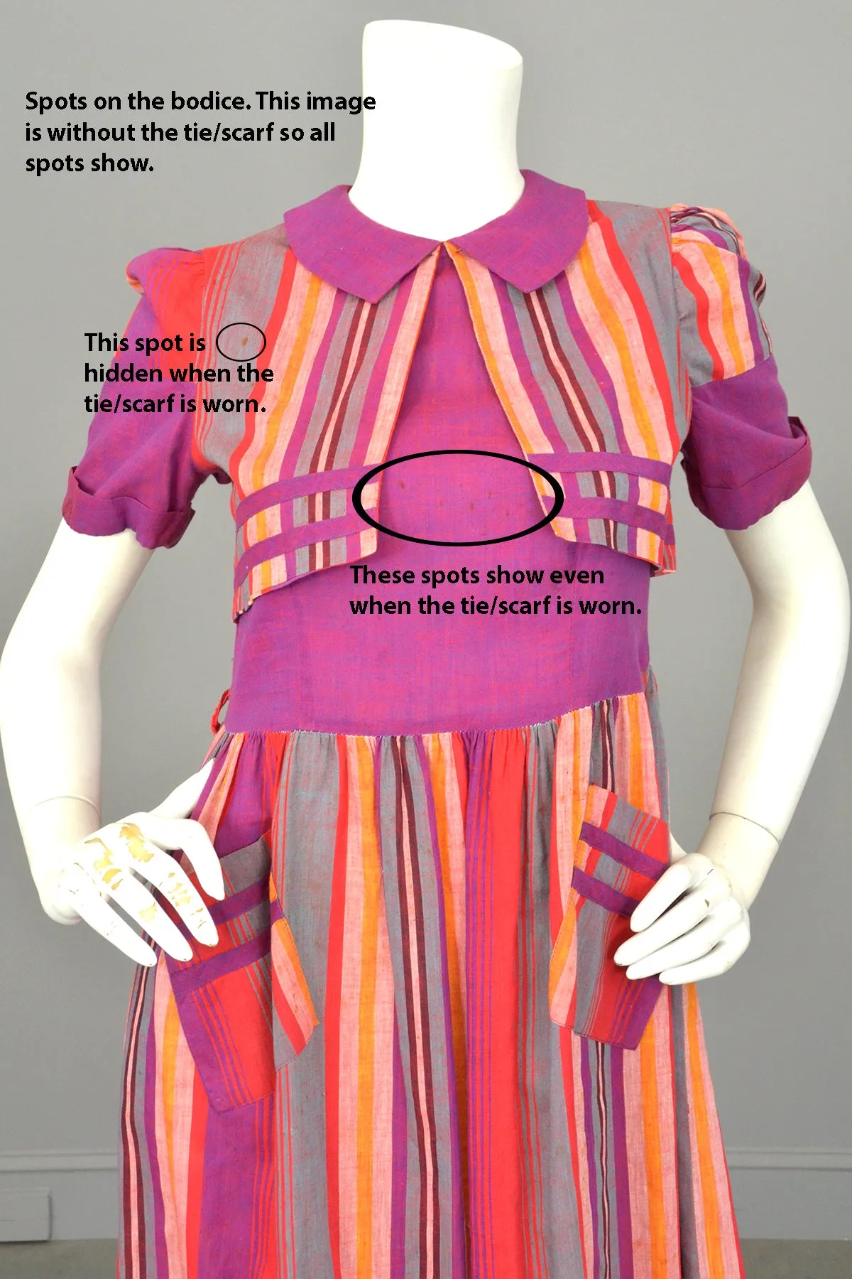 1930s 1940s Purple Red Carnival Striped Dress w Pockets | TLC As-Is