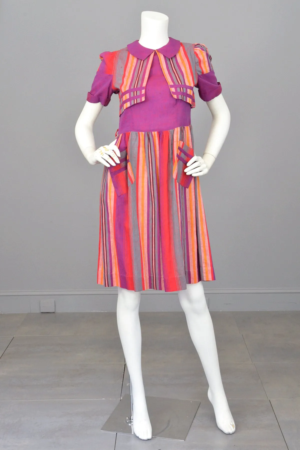 1930s 1940s Purple Red Carnival Striped Dress w Pockets | TLC As-Is