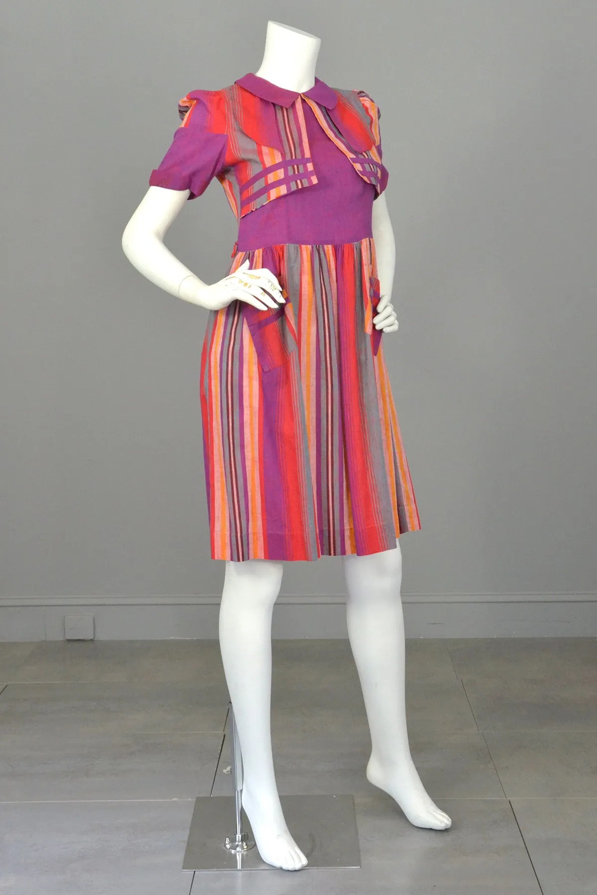 1930s 1940s Purple Red Carnival Striped Dress w Pockets | TLC As-Is