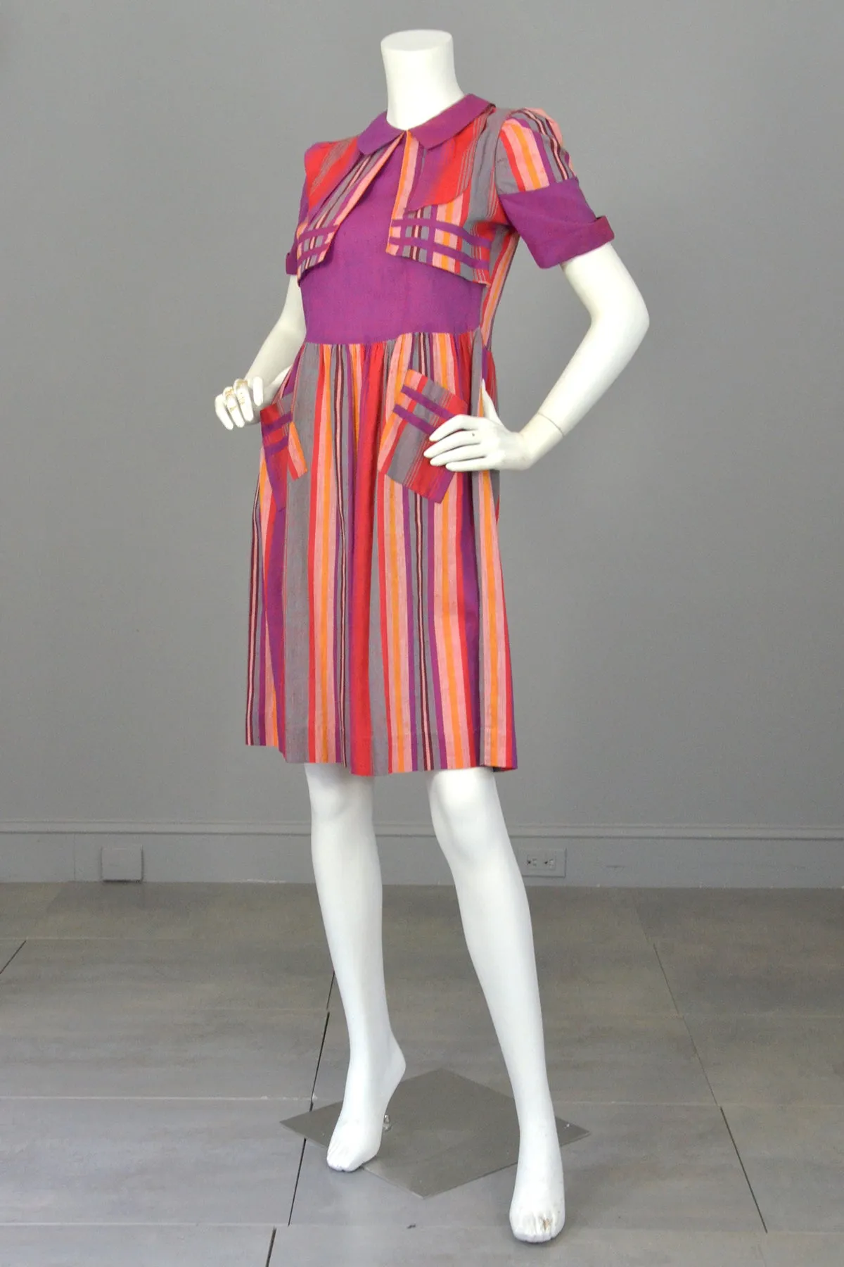 1930s 1940s Purple Red Carnival Striped Dress w Pockets | TLC As-Is