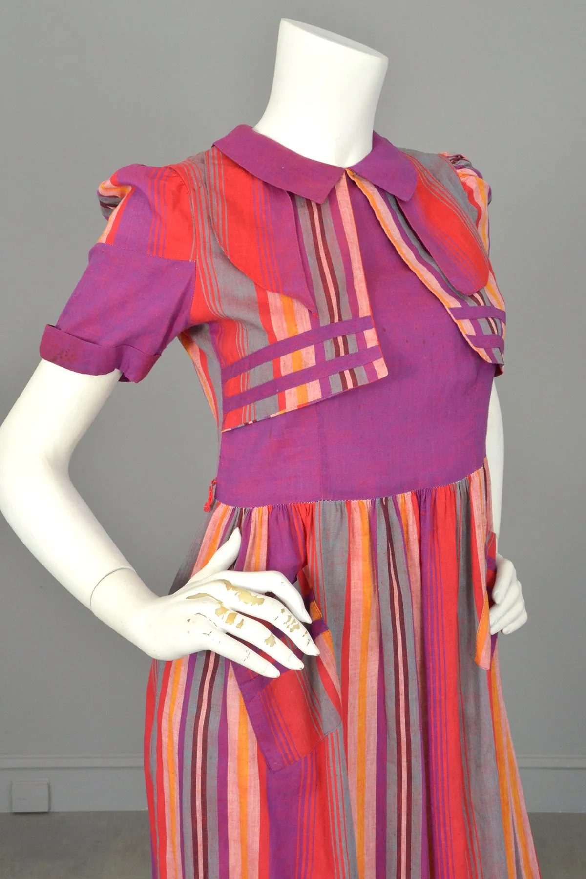 1930s 1940s Purple Red Carnival Striped Dress w Pockets | TLC As-Is