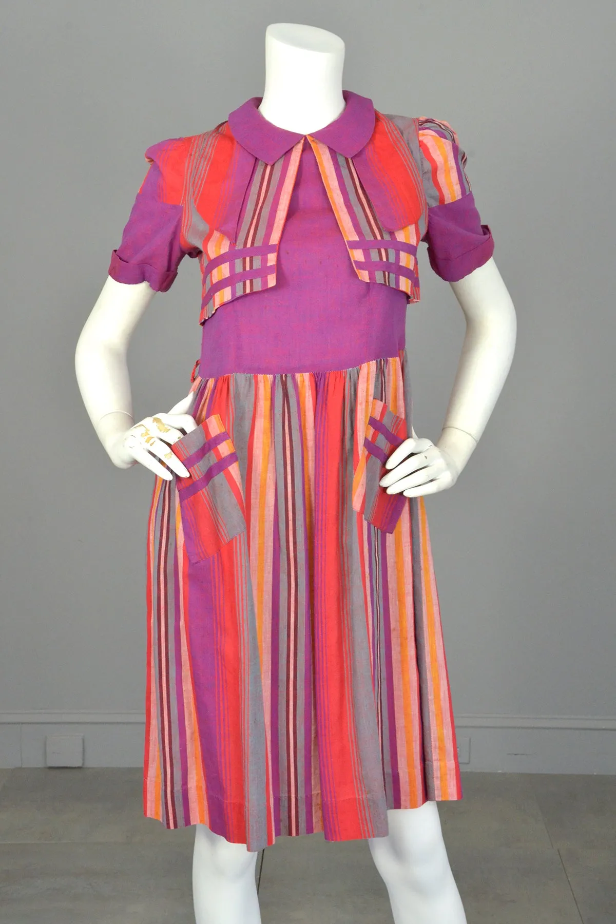 1930s 1940s Purple Red Carnival Striped Dress w Pockets | TLC As-Is