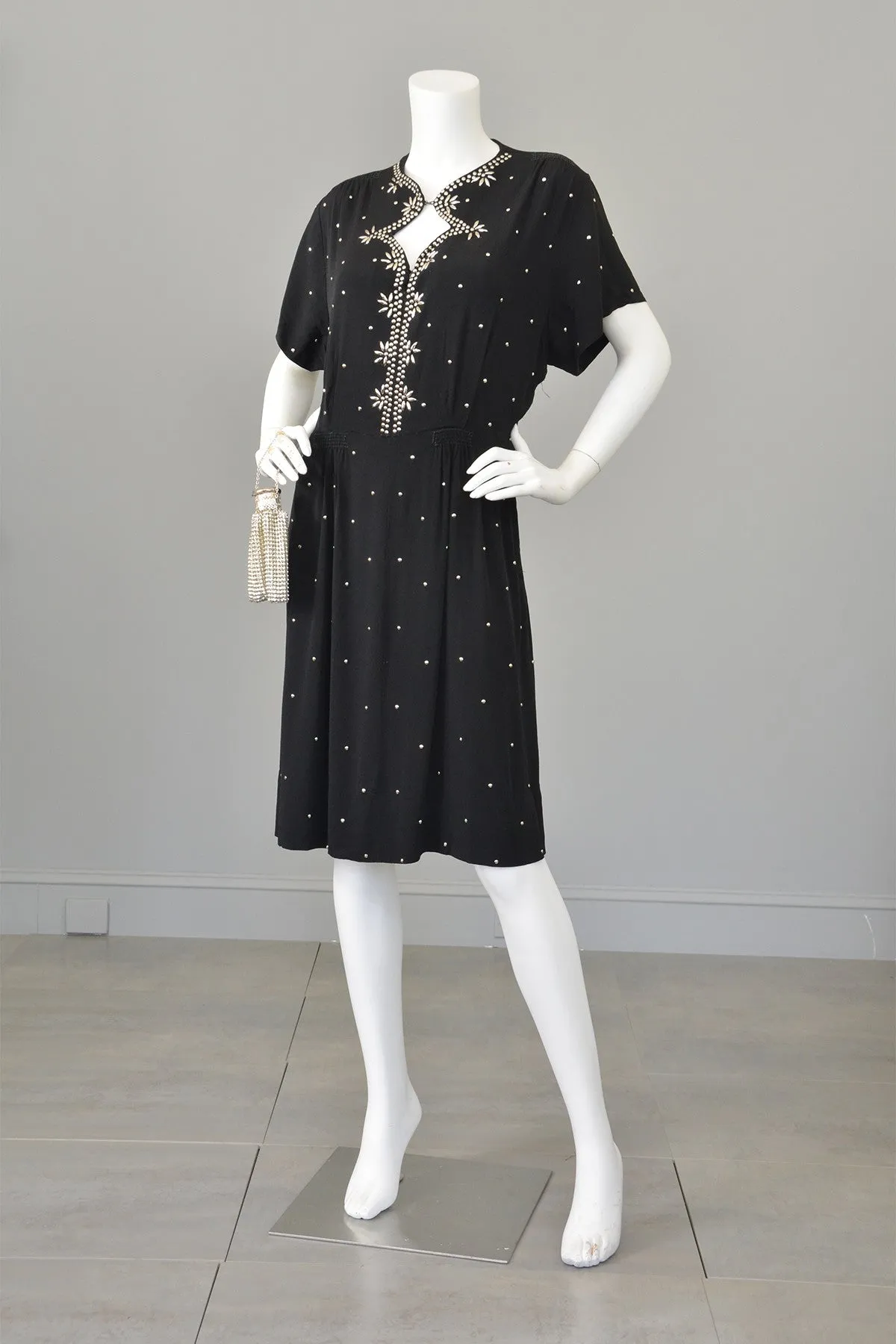 1930s 40s Studded Black Crepe Keyhole Neckline Vintage Dress,  Size L