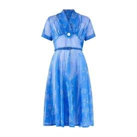 1950s Blue and White Flocked Floral Print Dress