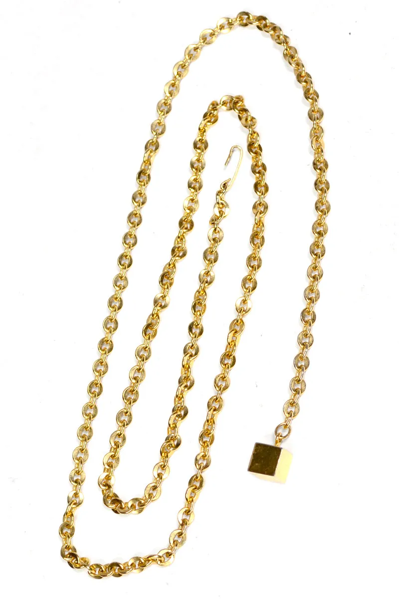 1970's Adjustable Gold Chain Link Belt or Necklace w/ Gold Cube