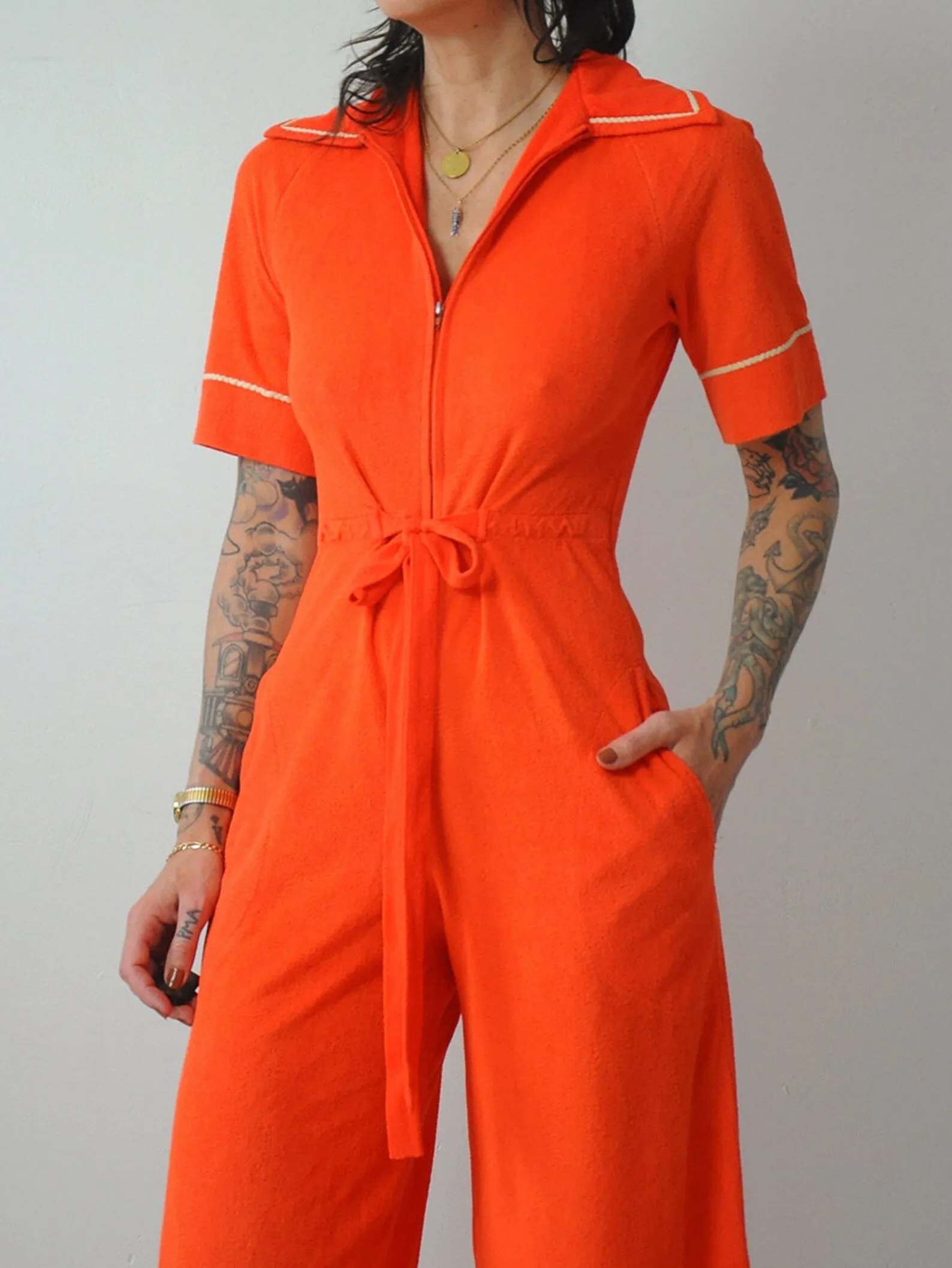 1970's Tangerine Terry Cloth Jumpsuit