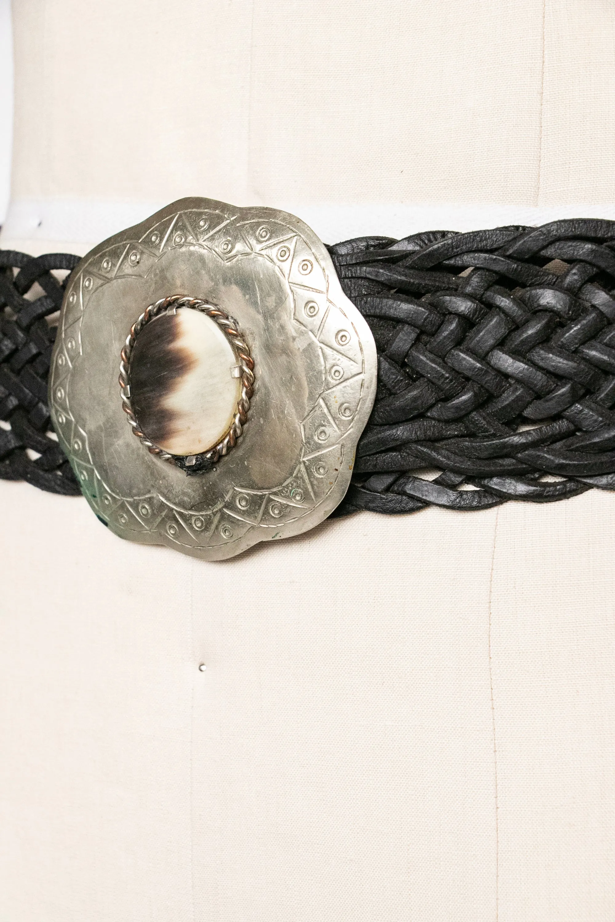 1980s Wide Belt Braided Black Leather Agate Buckle