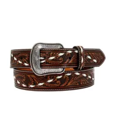 3D Belt Co Men's Floral Tooled White Buck Lace Belt in Brown