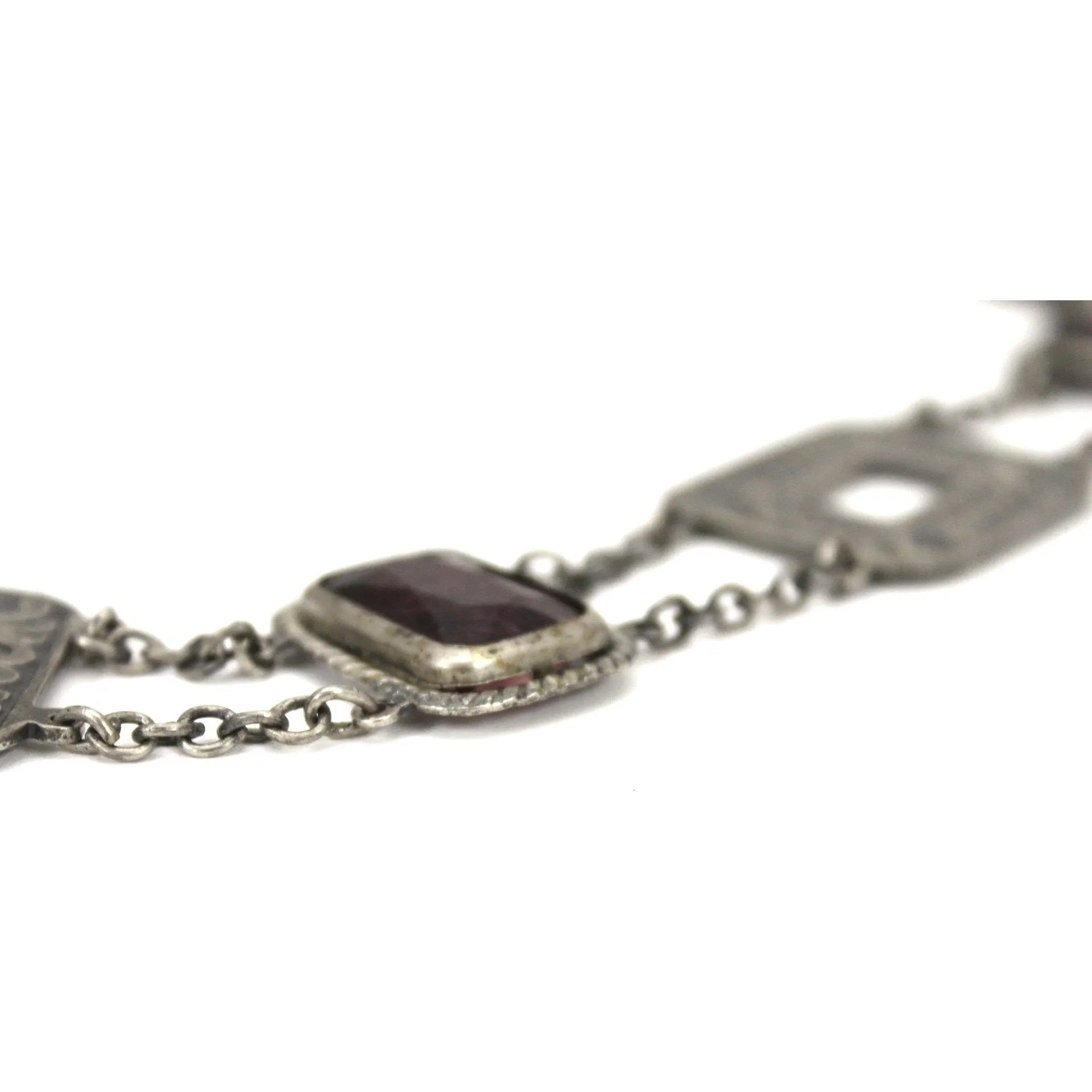 Antique Victorian Chain Segment Belt Huge Amethyst Purple Glass Stones Cubist 34" Square Dark Silver Necklace