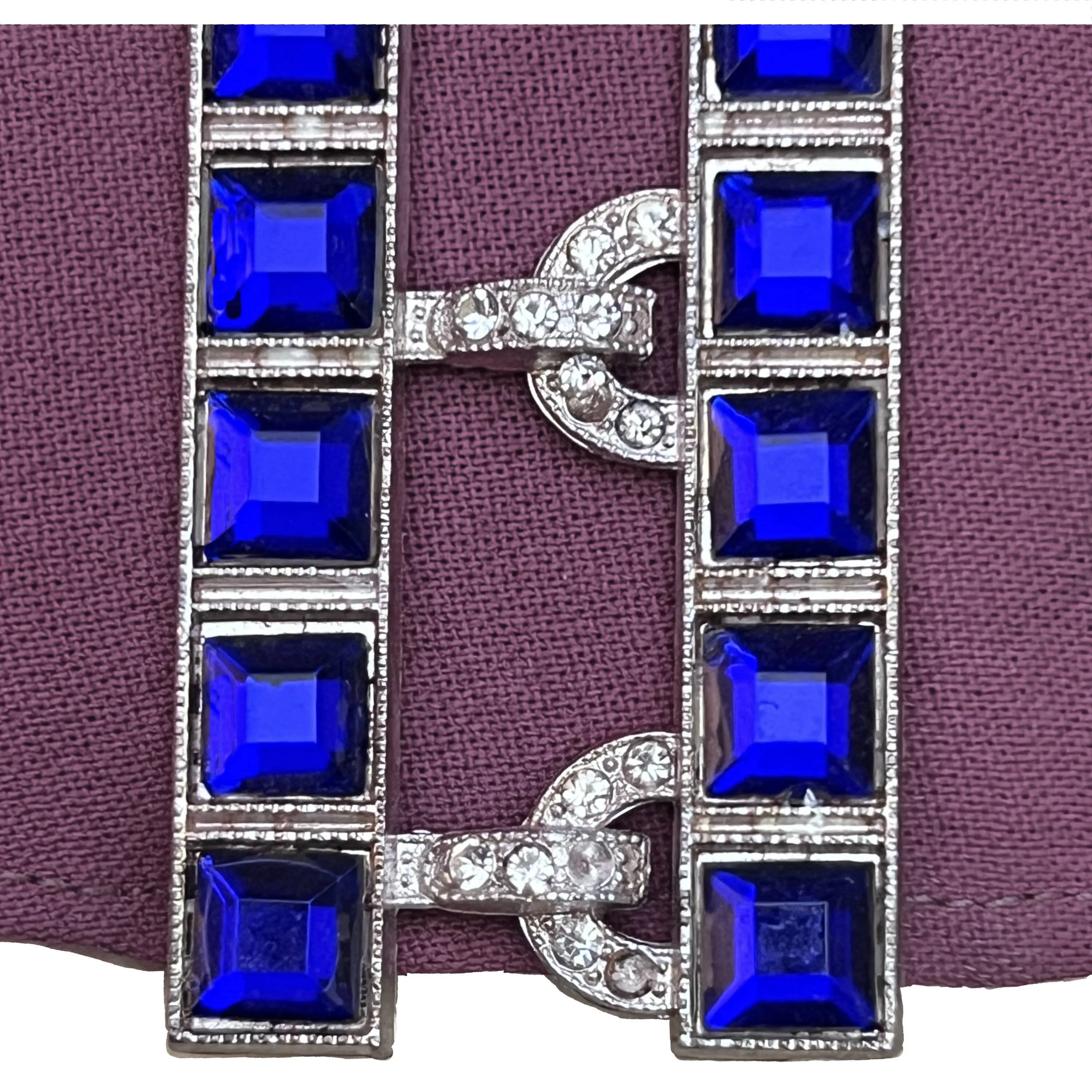 Art Deco Blue Rhinestone Buckle w Cloth Belt 1930s 40s