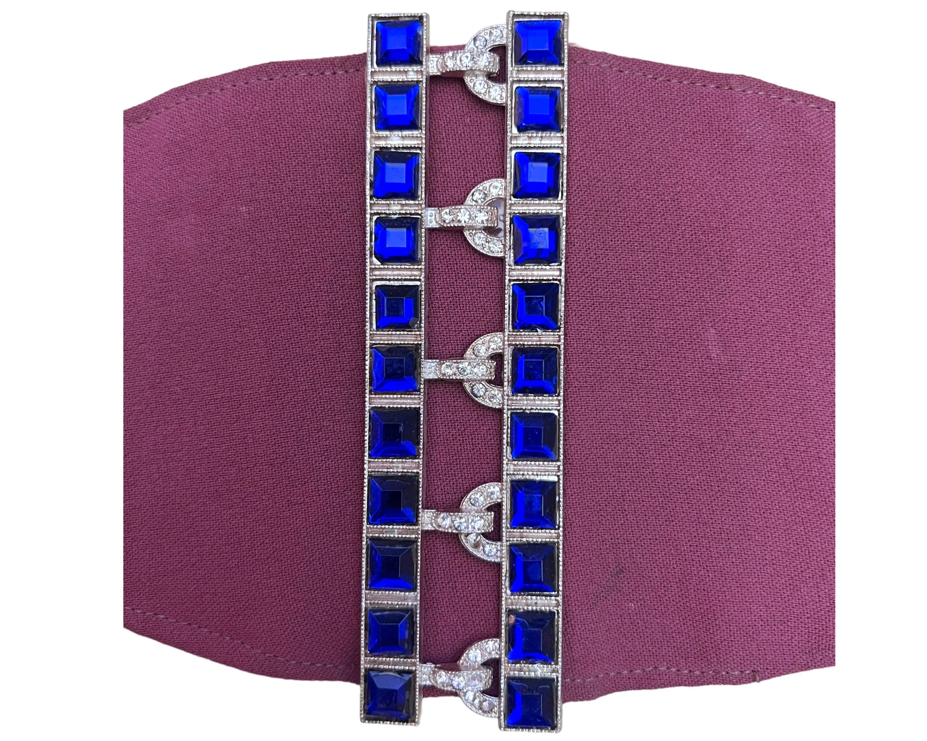 Art Deco Blue Rhinestone Buckle w Cloth Belt 1930s 40s