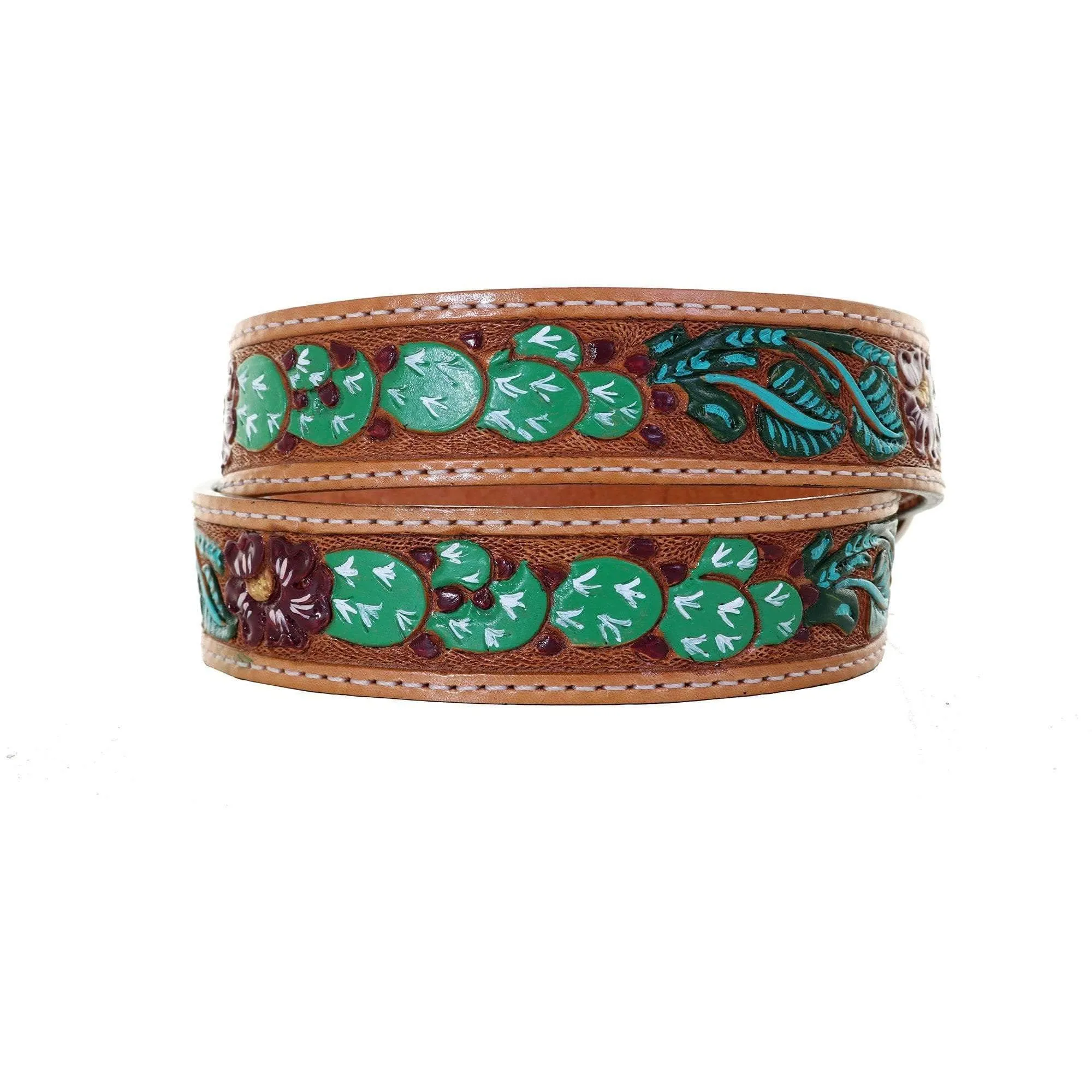 B1063 - Natural Floral/Cactus Painted Tooled Belt