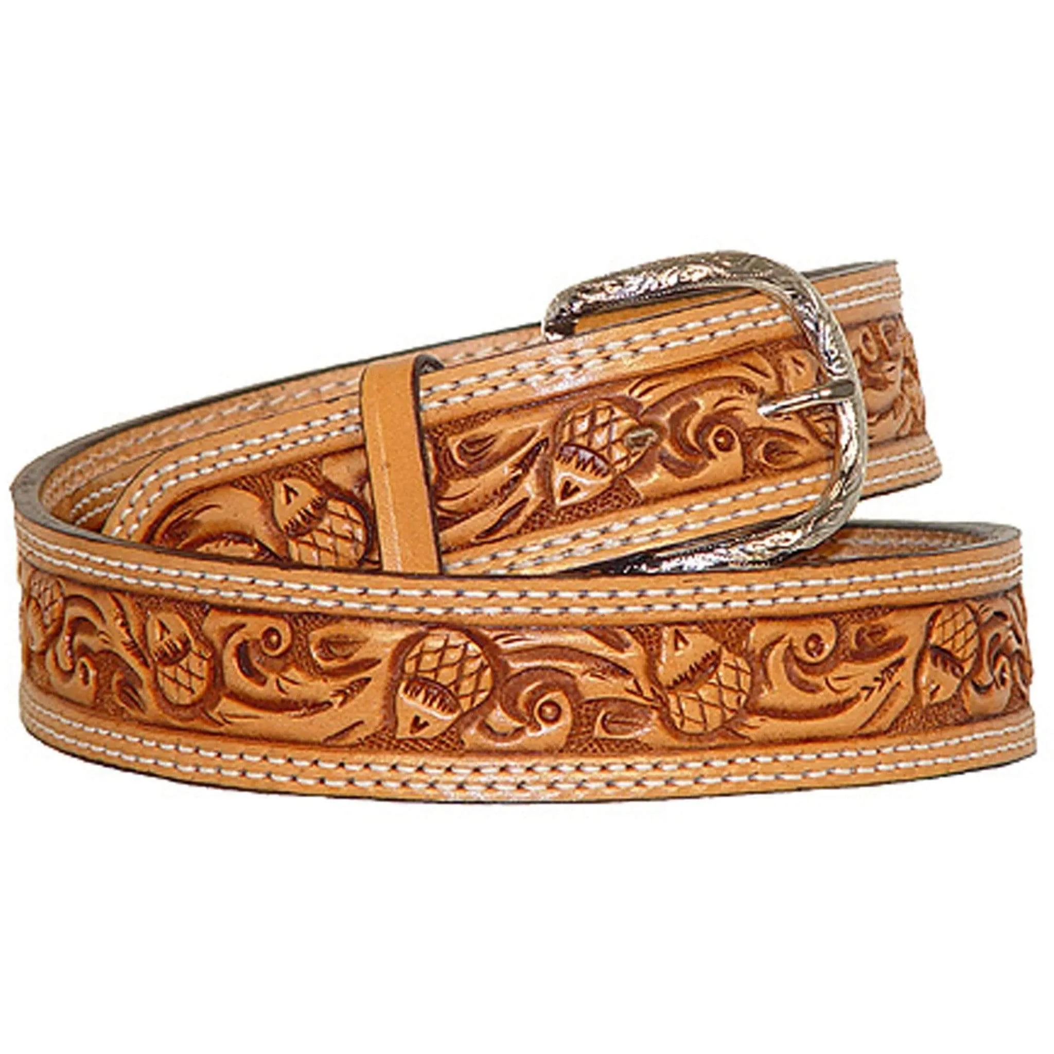 B543 - Natural  Leather Acorn Tooled Belt