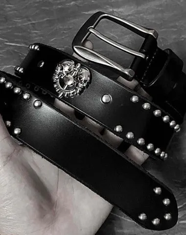 Badass Leather Metal Skull Belt Black Motorcycle Belt Cool Rivets Leather Round Belts For Men