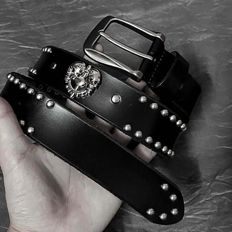 Badass Leather Metal Skull Belt Black Motorcycle Belt Cool Rivets Leather Round Belts For Men