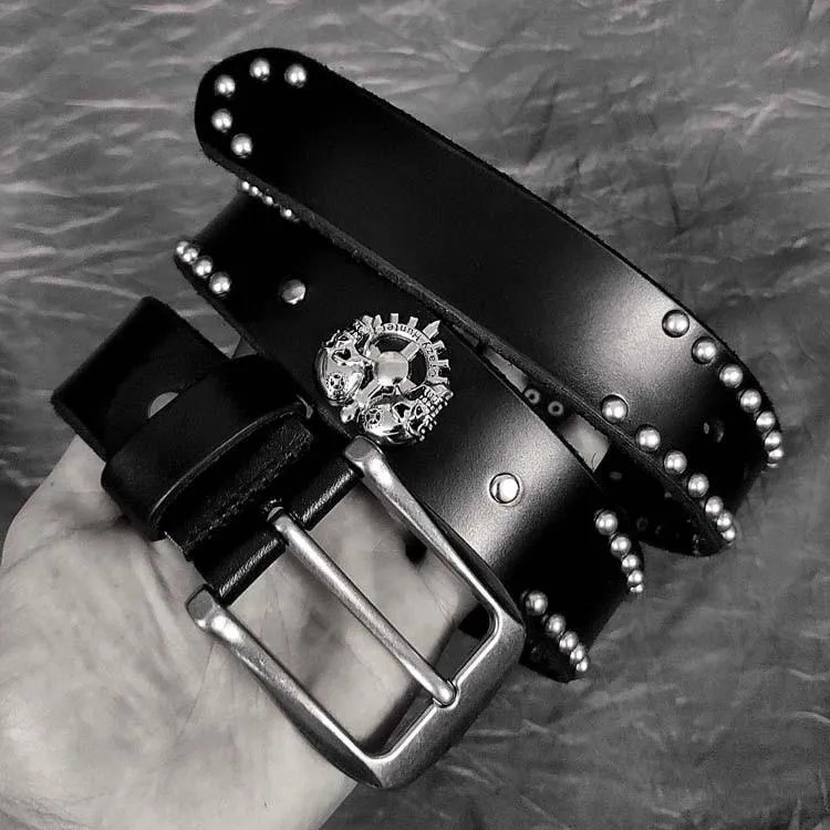 Badass Leather Metal Skull Belt Black Motorcycle Belt Cool Rivets Leather Round Belts For Men