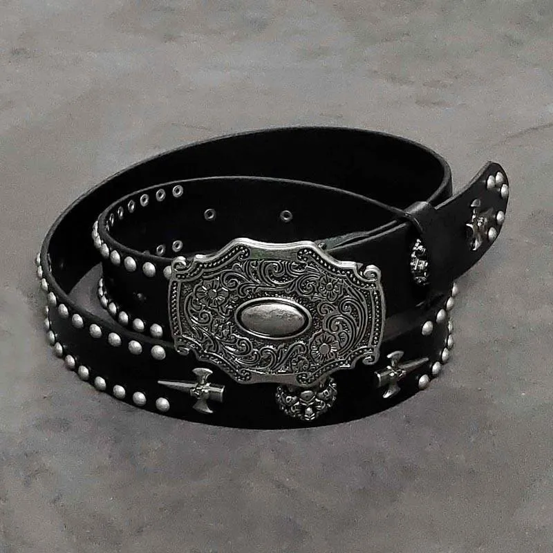 Badass Mens Leather Skull Rivet Rock Punk Belt Motorcycle Belt Leather Belt For Men