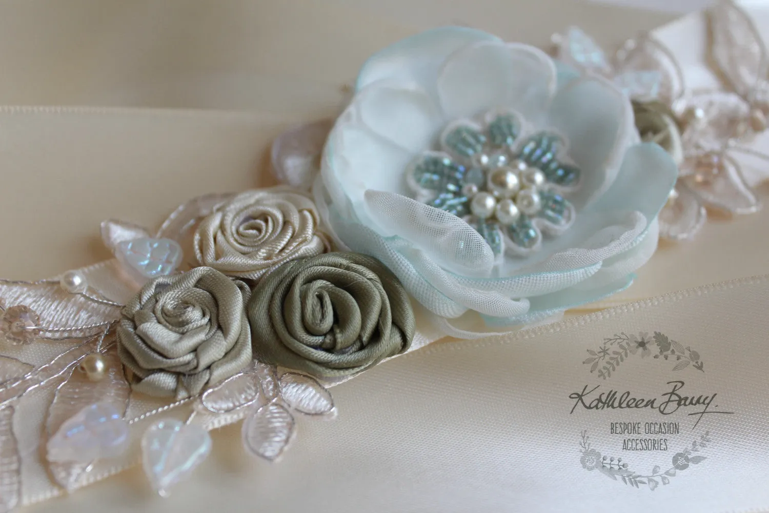 Braelin Bridal sash - wedding dress belt - floral lace dress sash - champagne green mint turquoise - custom colors