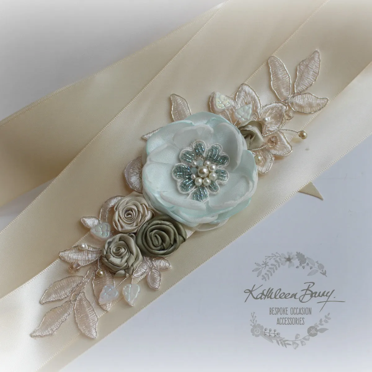 Braelin Bridal sash - wedding dress belt - floral lace dress sash - champagne green mint turquoise - custom colors