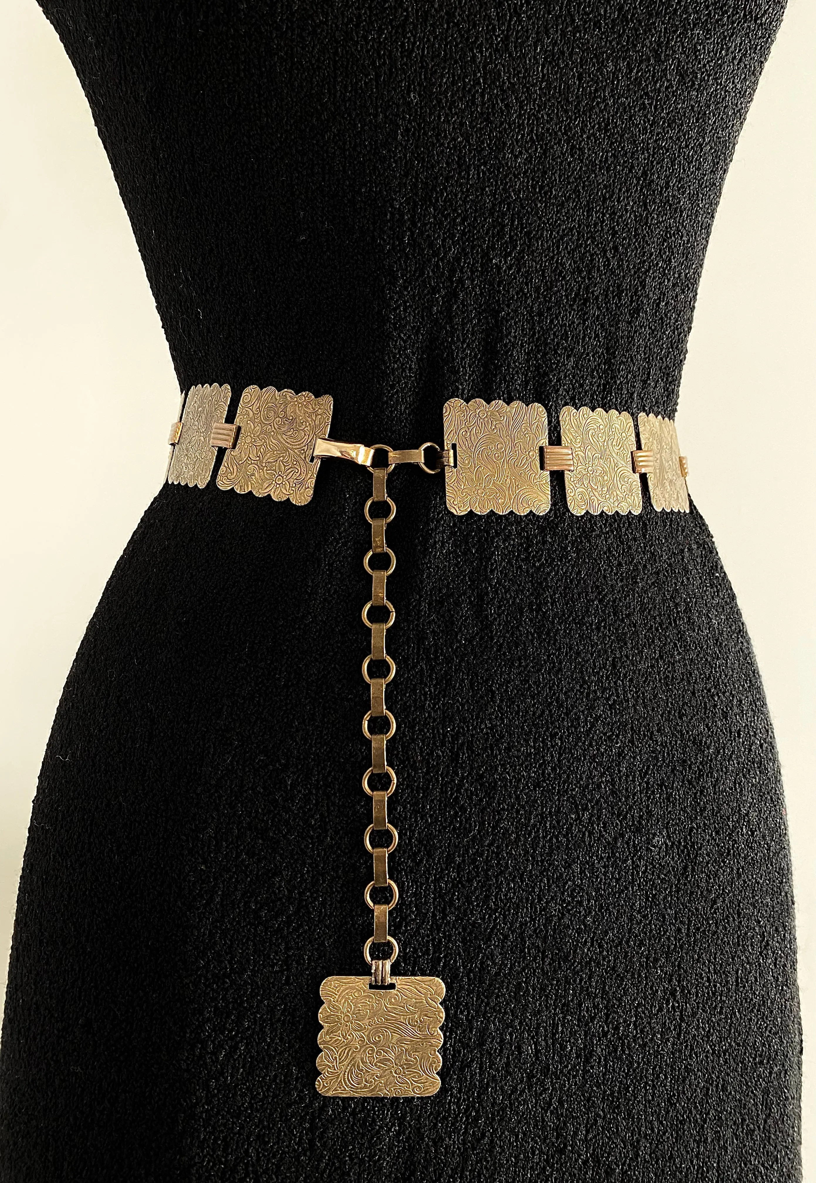 Brass Floral Engraved Square Bohemian Chain Belt / Small