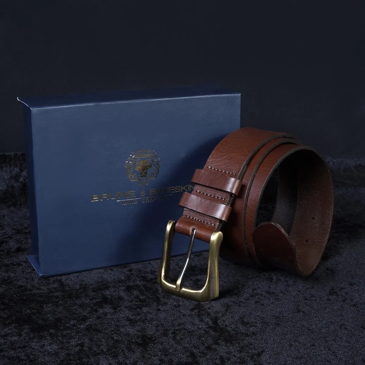 Brown Double Loop Belt in Genuine Leather with Smokey Finish Buckle