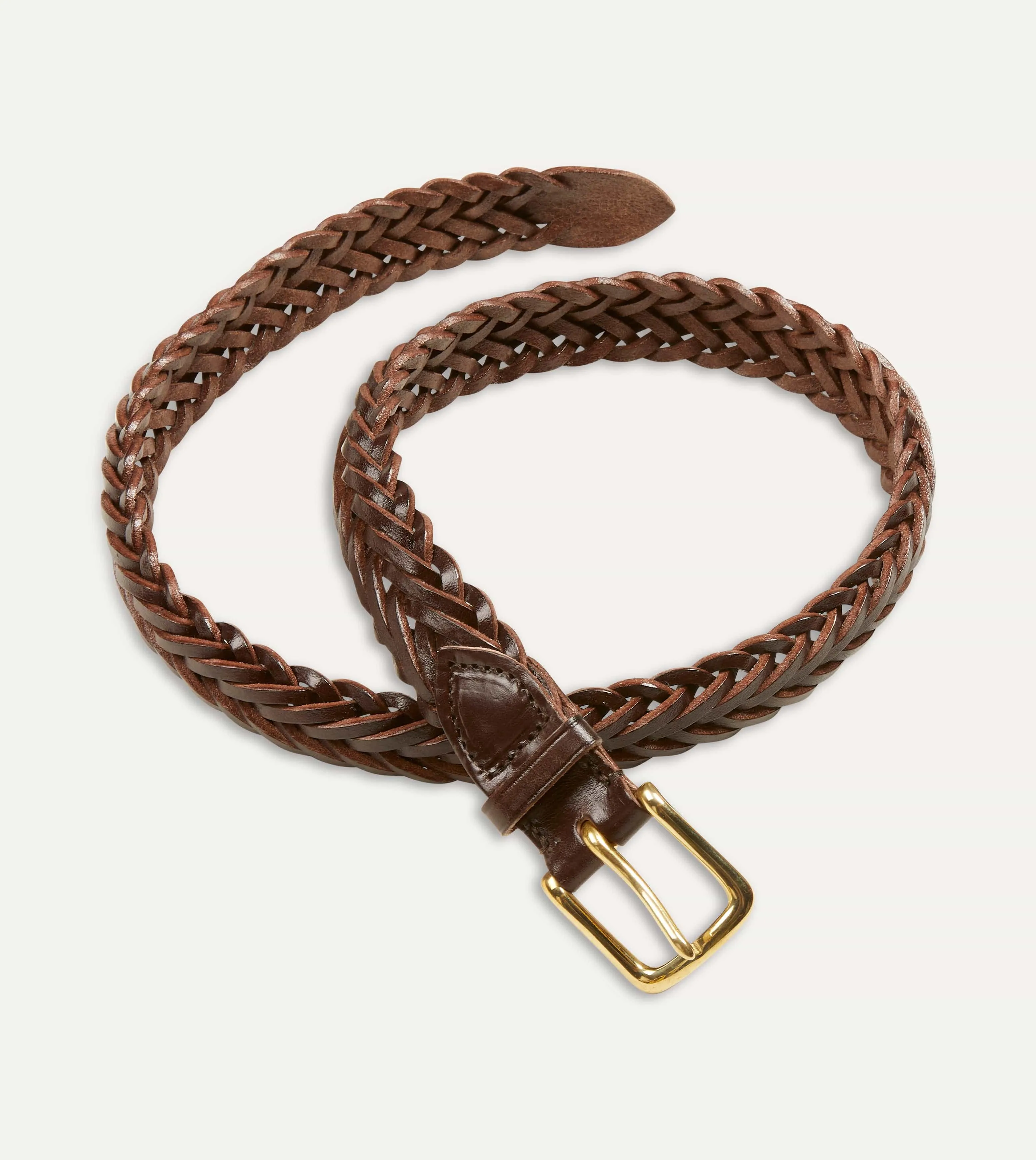 Brown Plaited Bridle Leather Belt with Brass Buckle