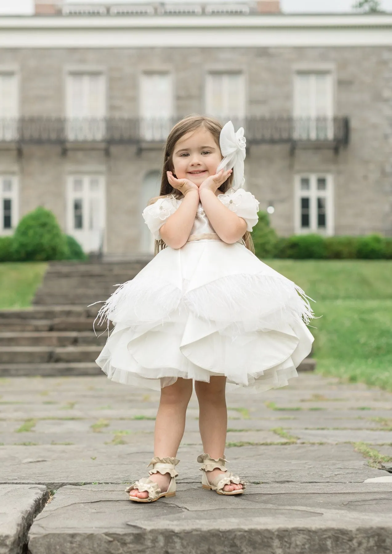 Constanza White Ceremony Dress with Champagne Bow