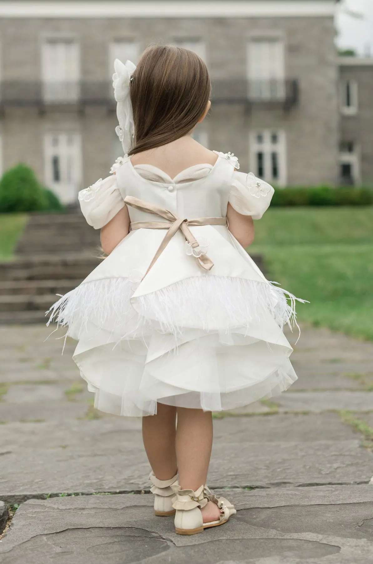 Constanza White Ceremony Dress with Champagne Bow