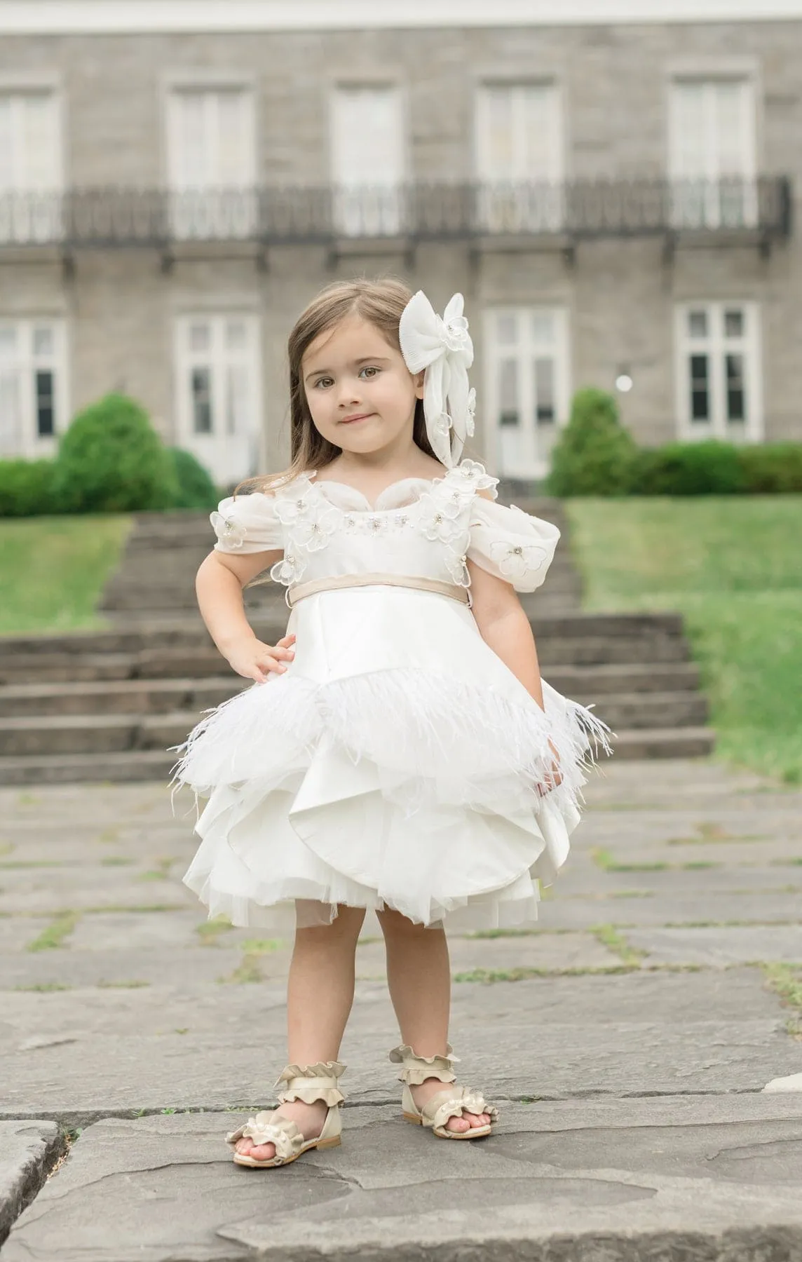 Constanza White Ceremony Dress with Champagne Bow