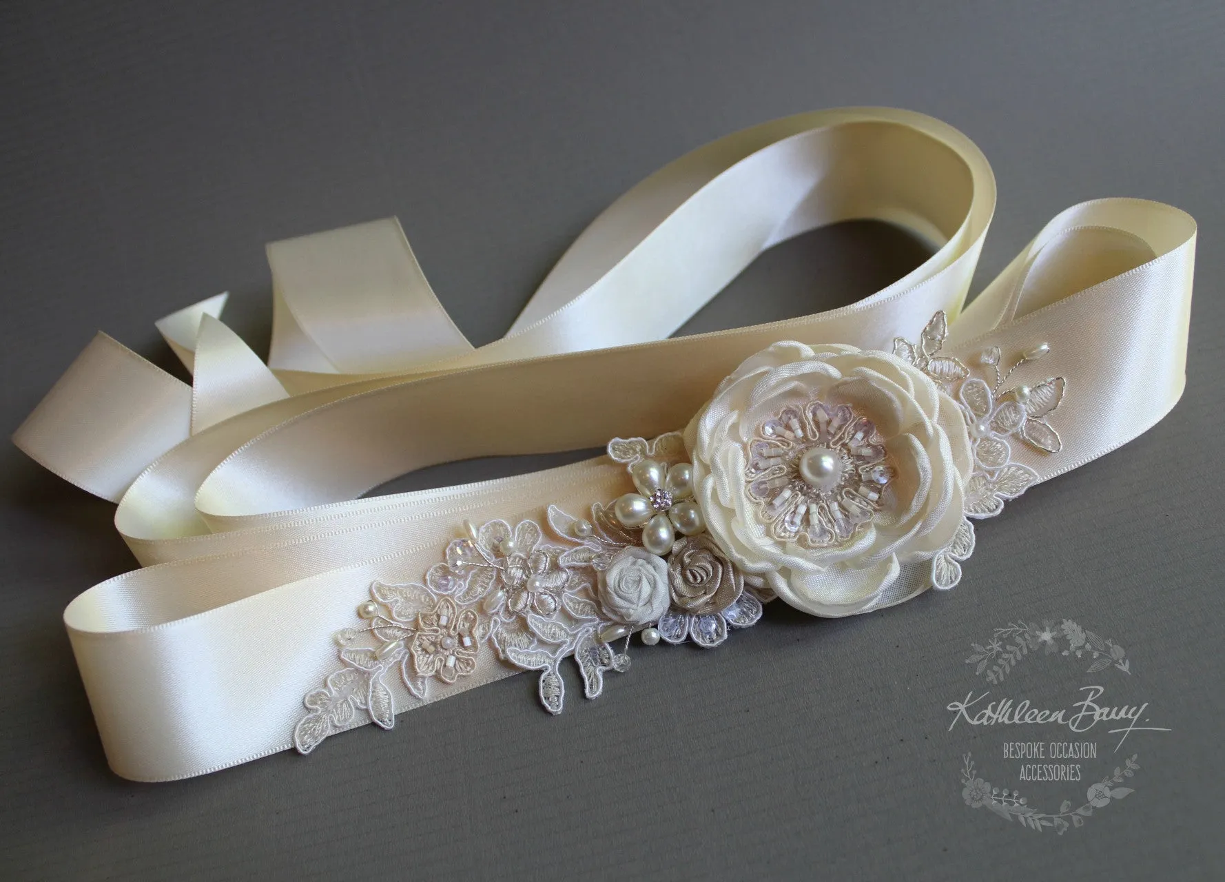 Emma Wedding dress sash belt - floral with lace - champagne ivory cream