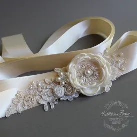 Emma Wedding dress sash belt - floral with lace - champagne ivory cream