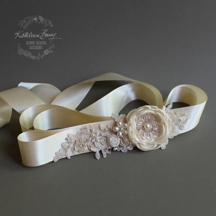 Emma Wedding dress sash belt - floral with lace - champagne ivory cream