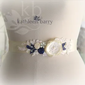 Emma Wedding dress sash belt with Ivory, cream and navy blue detail (color options available)