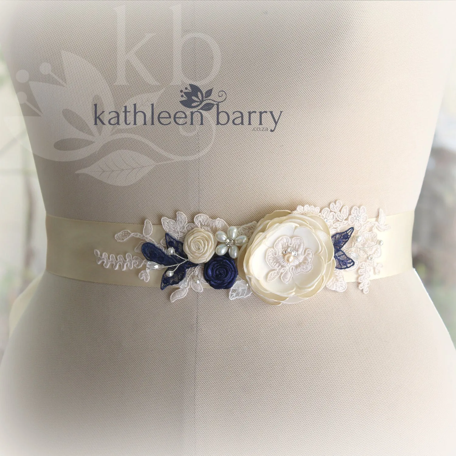 Emma Wedding dress sash belt with Ivory, cream and navy blue detail (color options available)