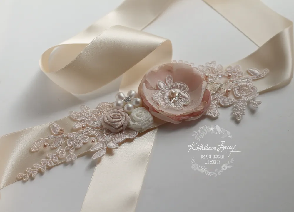 Emma Wedding dress sash belt with Ivory, cream and navy blue detail (color options available)