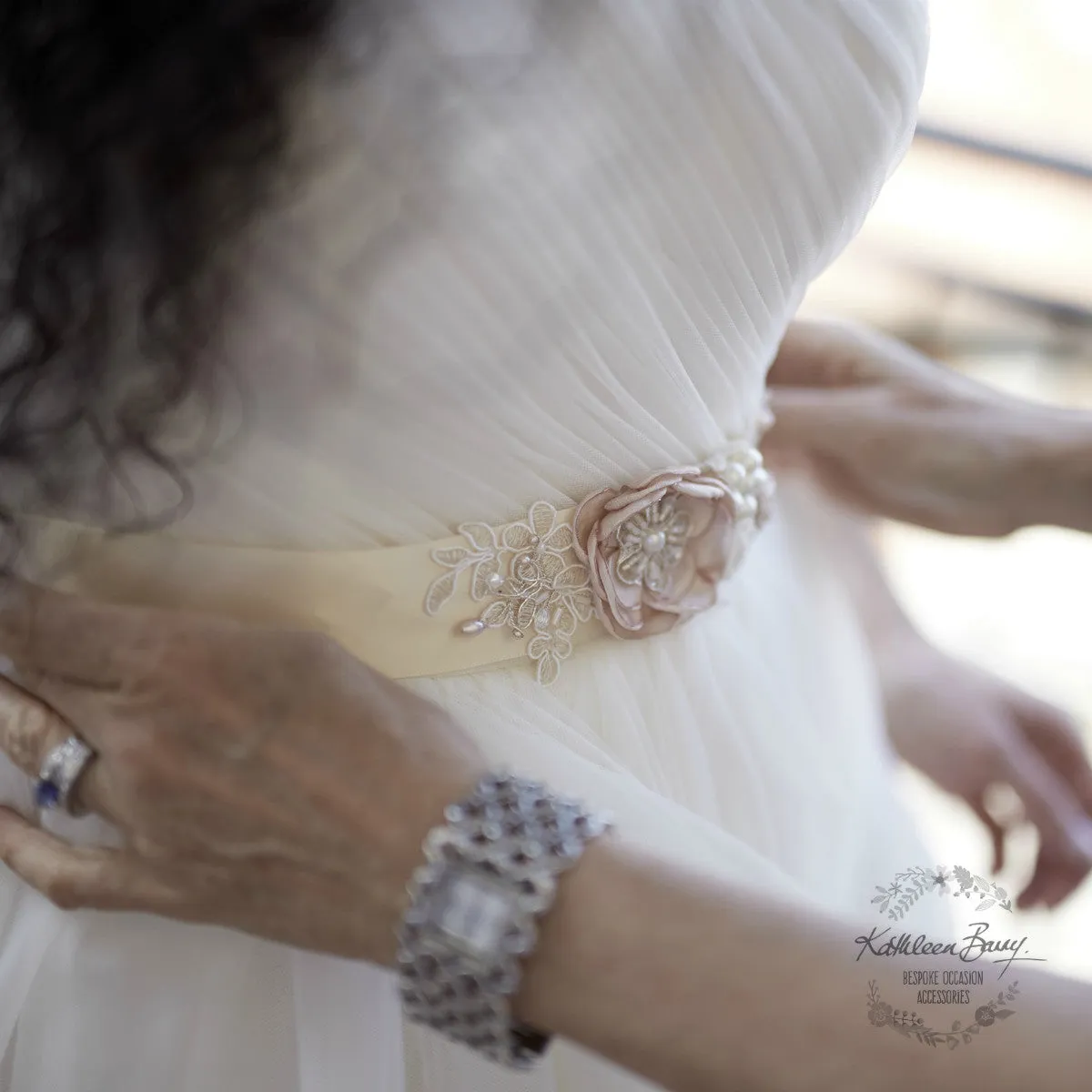 Emma Wedding dress sash belt with Ivory, cream and navy blue detail (color options available)