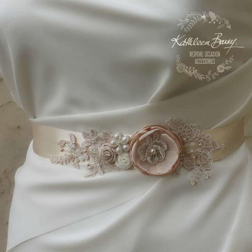 Emma Wedding dress sash belt with Ivory, cream and navy blue detail (color options available)