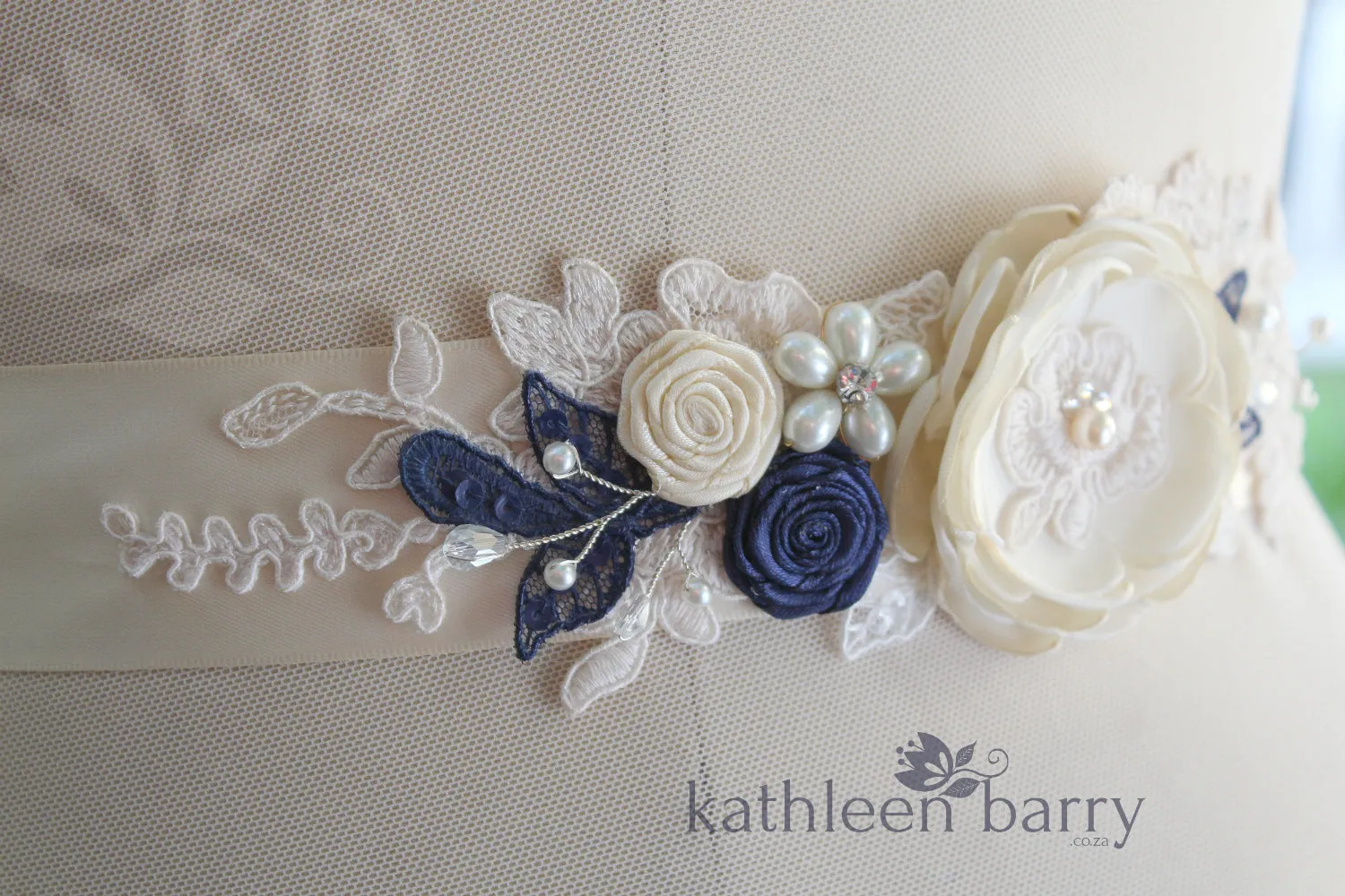 Emma Wedding dress sash belt with Ivory, cream and navy blue detail (color options available)