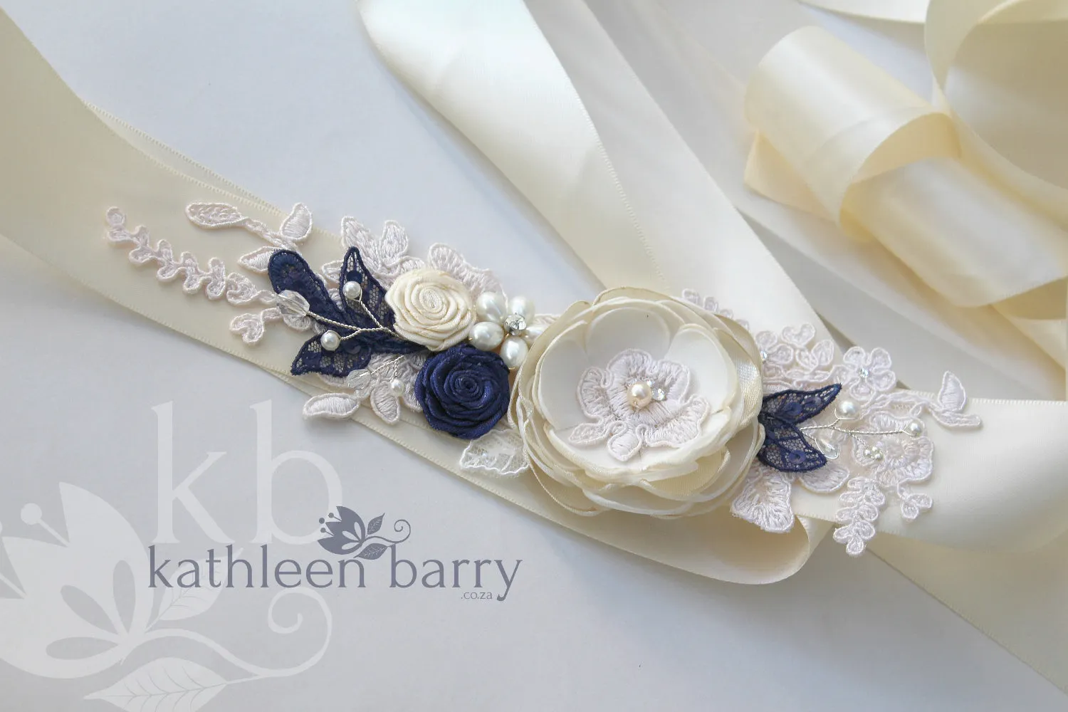 Emma Wedding dress sash belt with Ivory, cream and navy blue detail (color options available)