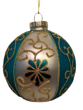 Gold, Dark Teal and White Embellished Glass Ball Ornaments Assortment