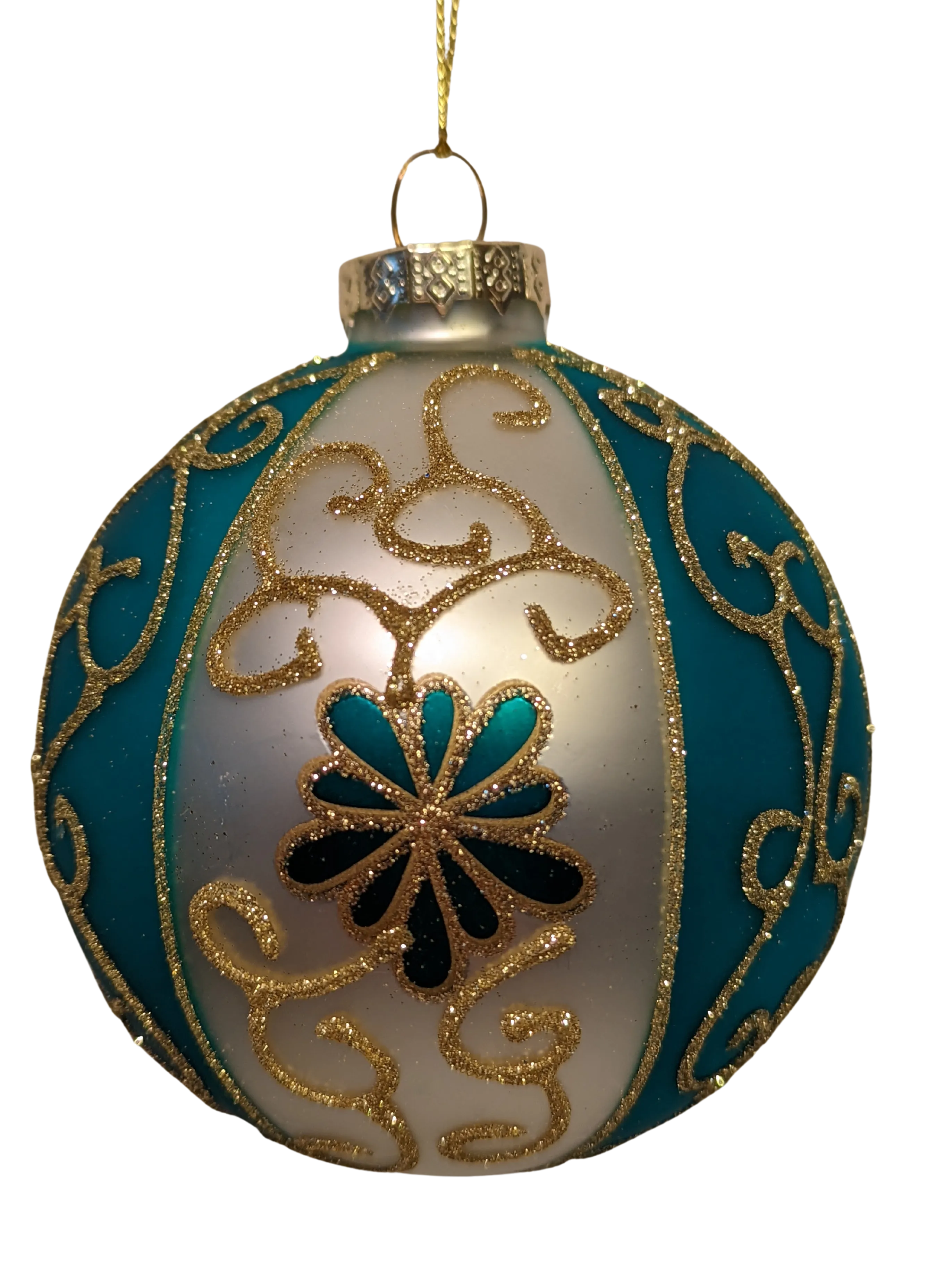 Gold, Dark Teal and White Embellished Glass Ball Ornaments Assortment