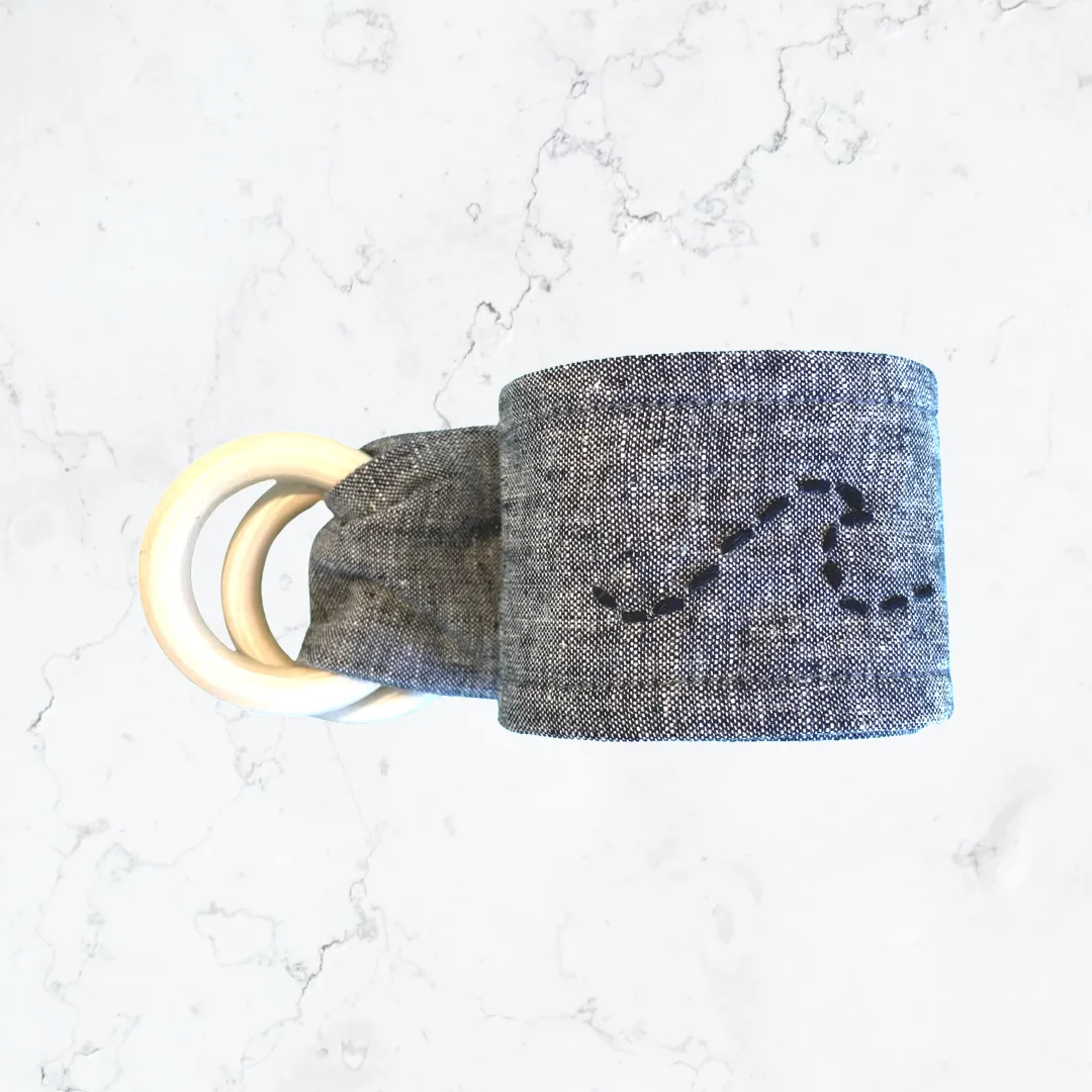 Grey Linen Handmade Belt with Wave Embroidery