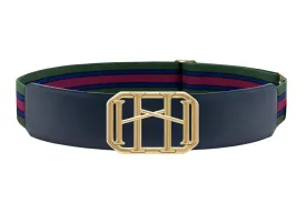 Icon Equestrian Belt - Navy Leather with Hunter Green, Navy and Magenta Stripe - RM