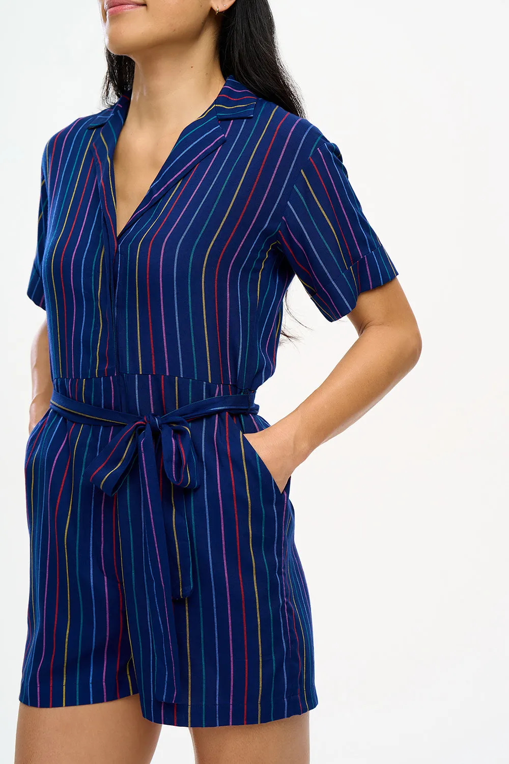 Kiki Playsuit - Navy, Thin Rainbow Stripe