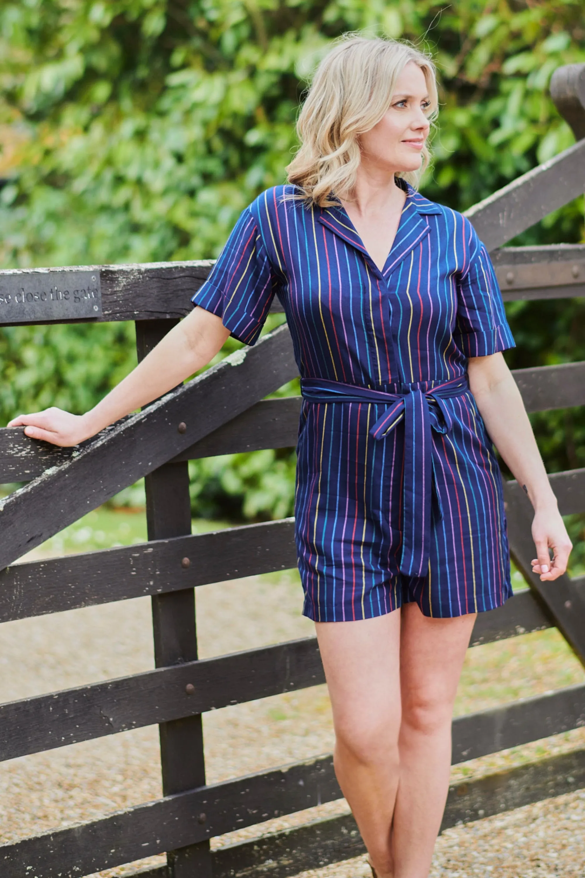 Kiki Playsuit - Navy, Thin Rainbow Stripe