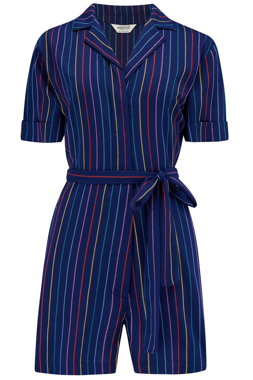 Kiki Playsuit - Navy, Thin Rainbow Stripe